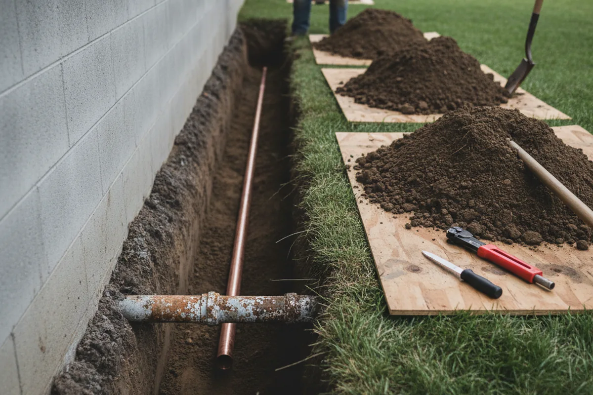 Excavated water line trench during Sewer Line Repair in Bolivar